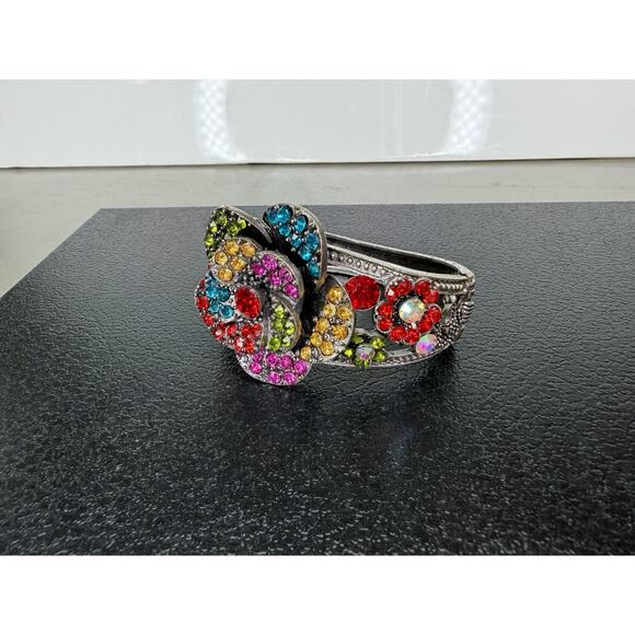 Rhinestone Hinge Cuff Bracelet Jewelry Flower Bold Statement Boho Hippie Floral - Picture 2 of 5